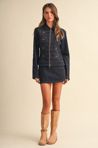 Raw Denim Military Jacket & Mini Skirt Set