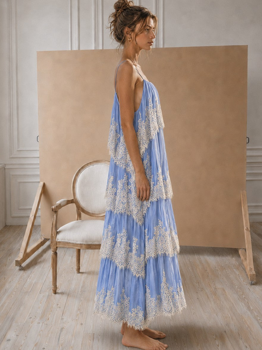 Bllea Lace Detail Ruffle Layered Maxi Dress