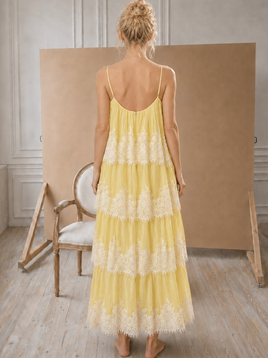 Bllea Lace Detail Ruffle Layered Maxi Dress