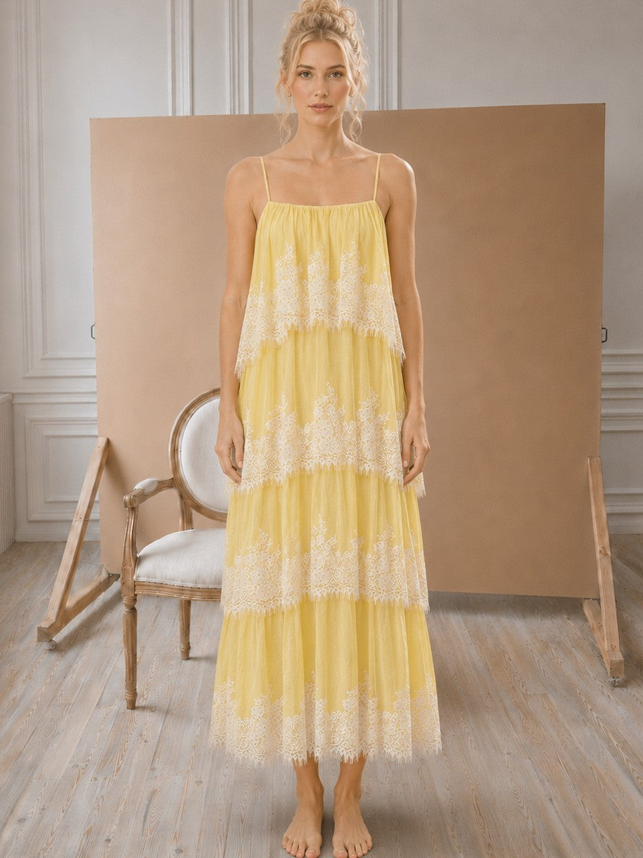 Bllea Lace Detail Ruffle Layered Maxi Dress