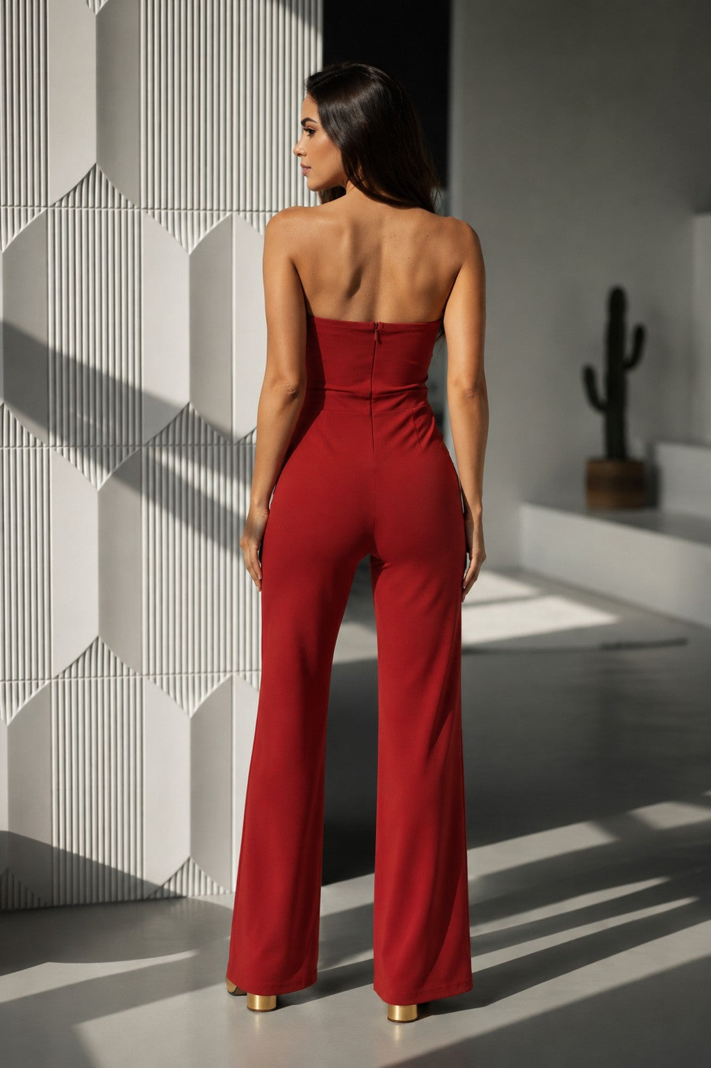 Stretch Strapless Metallic Stone Wide Leg Jumpsuit — Red