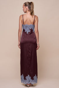 Burgundy Color Block Lace Contrast Satin Maxi Dress