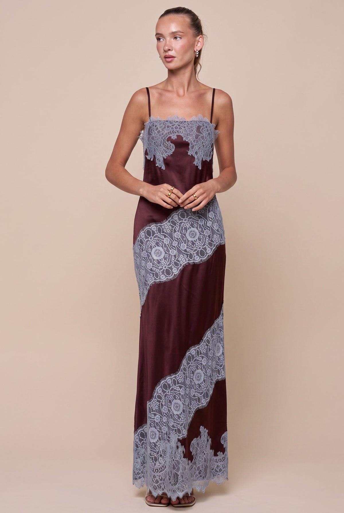 Burgundy Color Block Lace Contrast Satin Maxi Dress