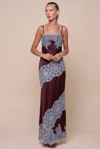 Burgundy Color Block Lace Contrast Satin Maxi Dress