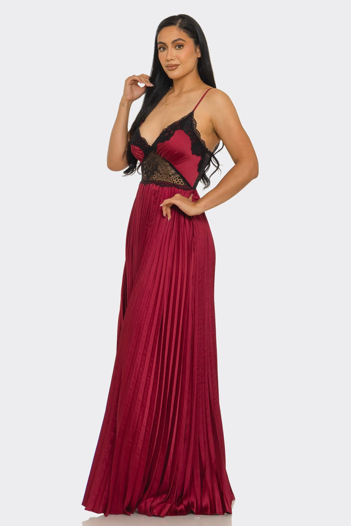 Bella Wine Satin Lace-Detail Pleated Maxi Dress