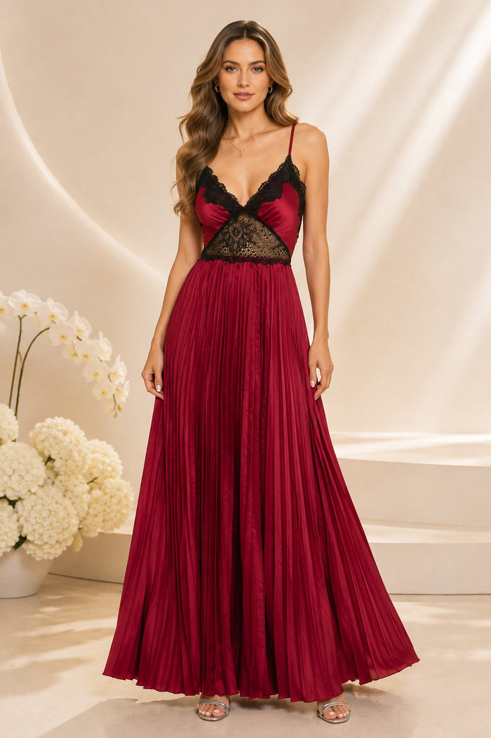Bella Wine Satin Lace-Detail Pleated Maxi Dress