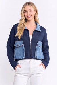 Two-Tone Denim Contrast Zip-Up Sweater Jacket