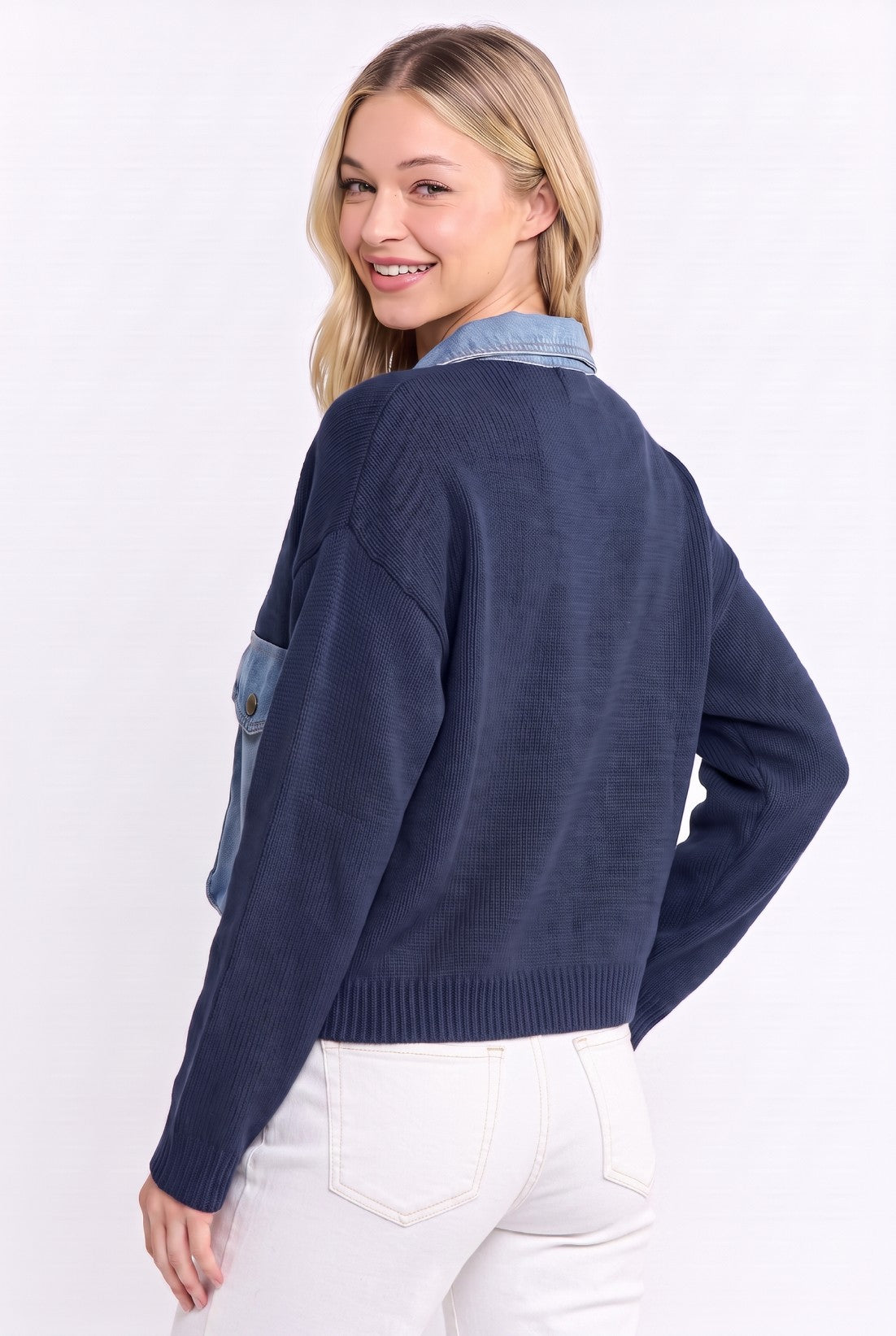 Two-Tone Denim Contrast Zip-Up Sweater Jacket