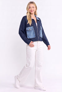 Two-Tone Denim Contrast Zip-Up Sweater Jacket
