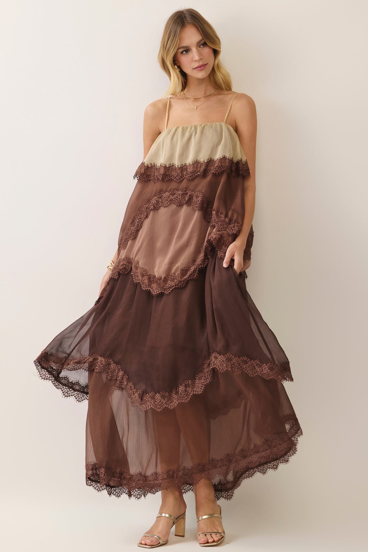 Leyy Lace-Trim Tiered Colorblock Maxi Dress