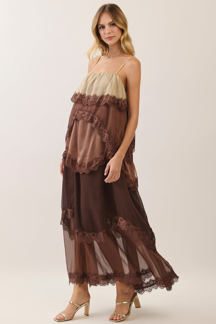 Leyy Lace-Trim Tiered Colorblock Maxi Dress