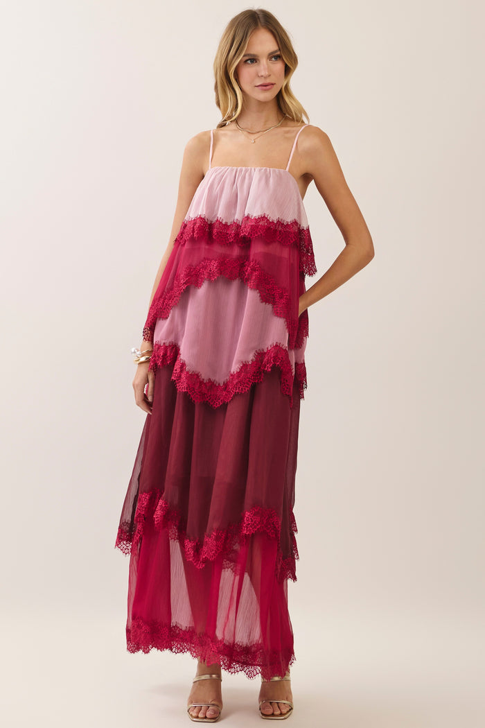 Leyy Lace-Trim Tiered Colorblock Maxi Dress