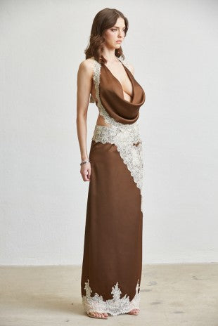 Layla Chocolate Satin Lace Cowl Halter Top & Maxi Skirt Set