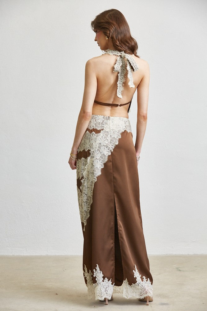 Layla Chocolate Satin Lace Cowl Halter Top & Maxi Skirt Set