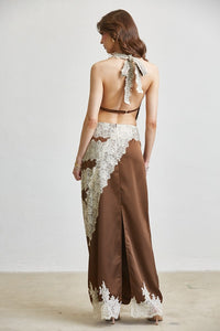 Layla Chocolate Satin Lace Cowl Halter Top & Maxi Skirt Set