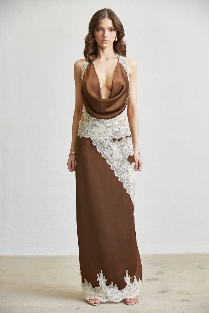 Layla Chocolate Satin Lace Cowl Halter Top & Maxi Skirt Set