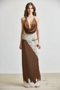 Layla Chocolate Satin Lace Cowl Halter Top & Maxi Skirt Set