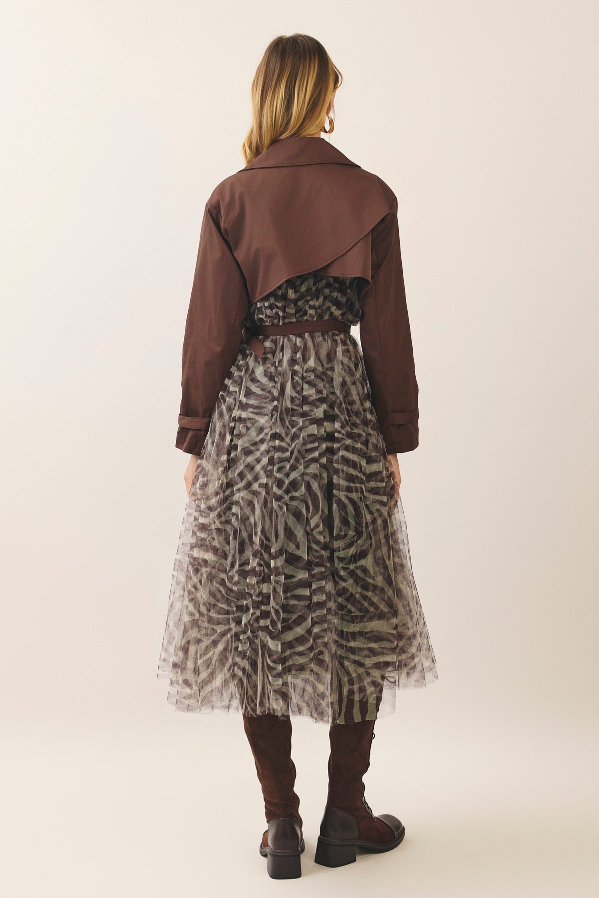 Julie Zebra-Print Tulle Belted Trench Coat