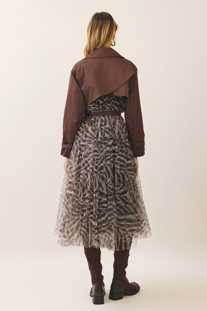 Julie Zebra-Print Tulle Belted Trench Coat