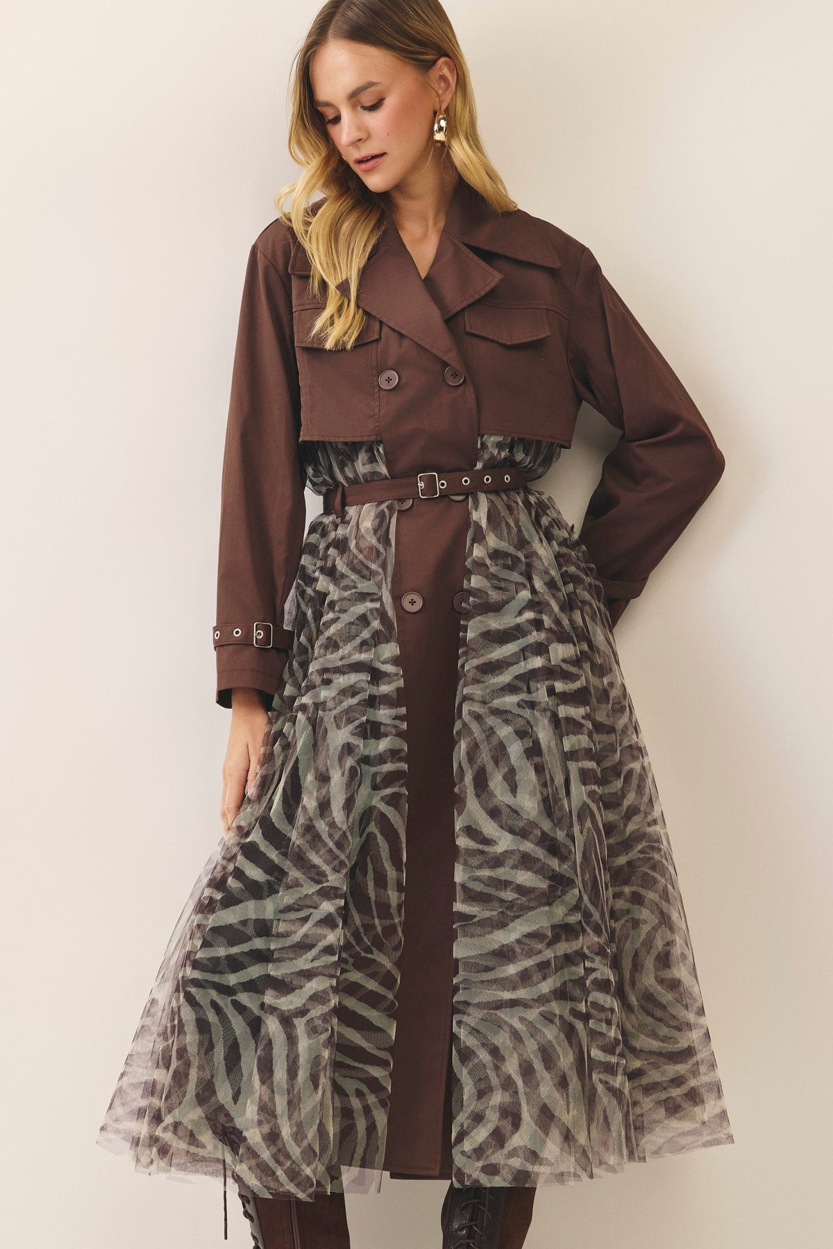 Julie Zebra-Print Tulle Belted Trench Coat