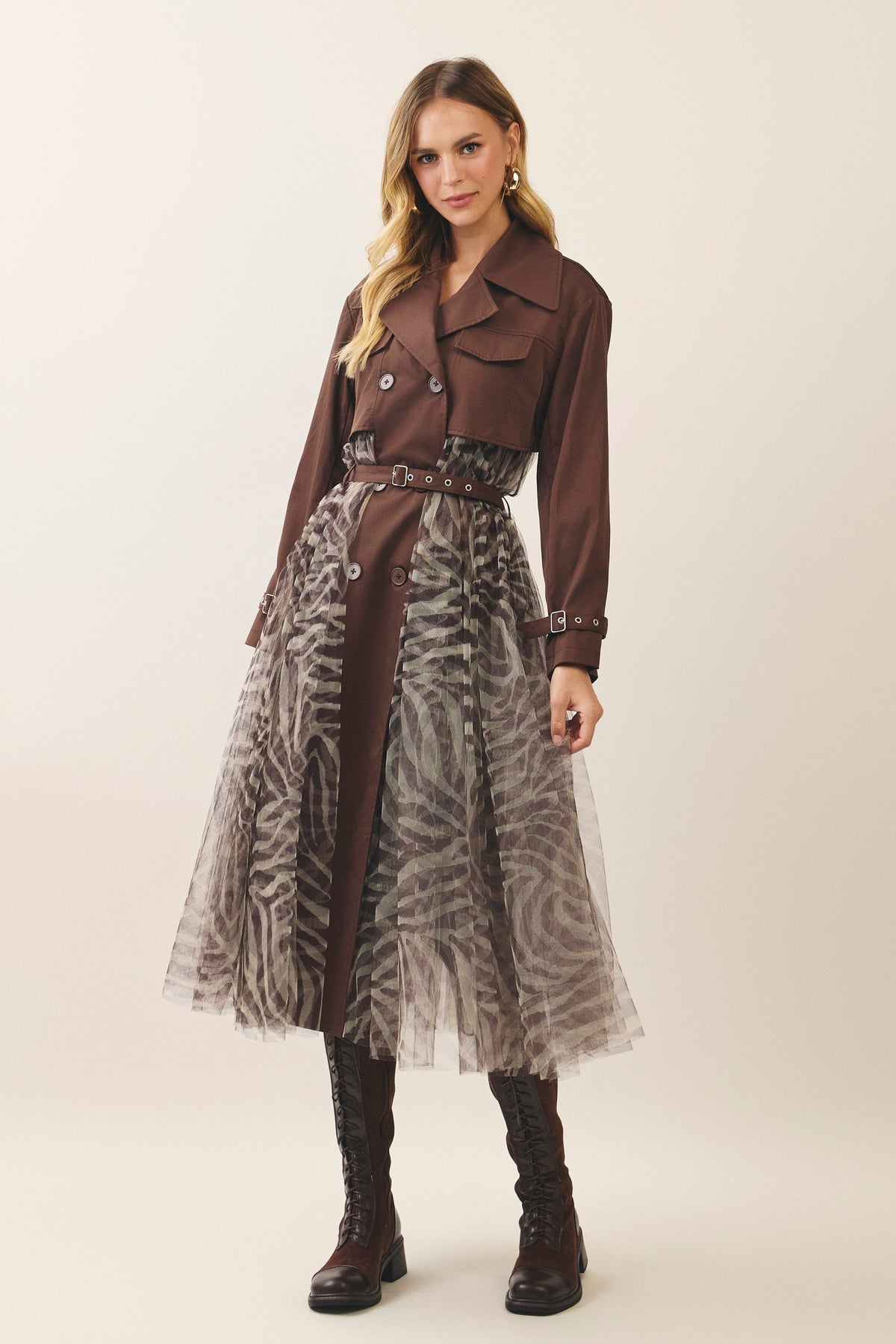 Julie Zebra-Print Tulle Belted Trench Coat