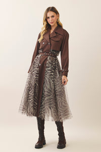 Julie Zebra-Print Tulle Belted Trench Coat