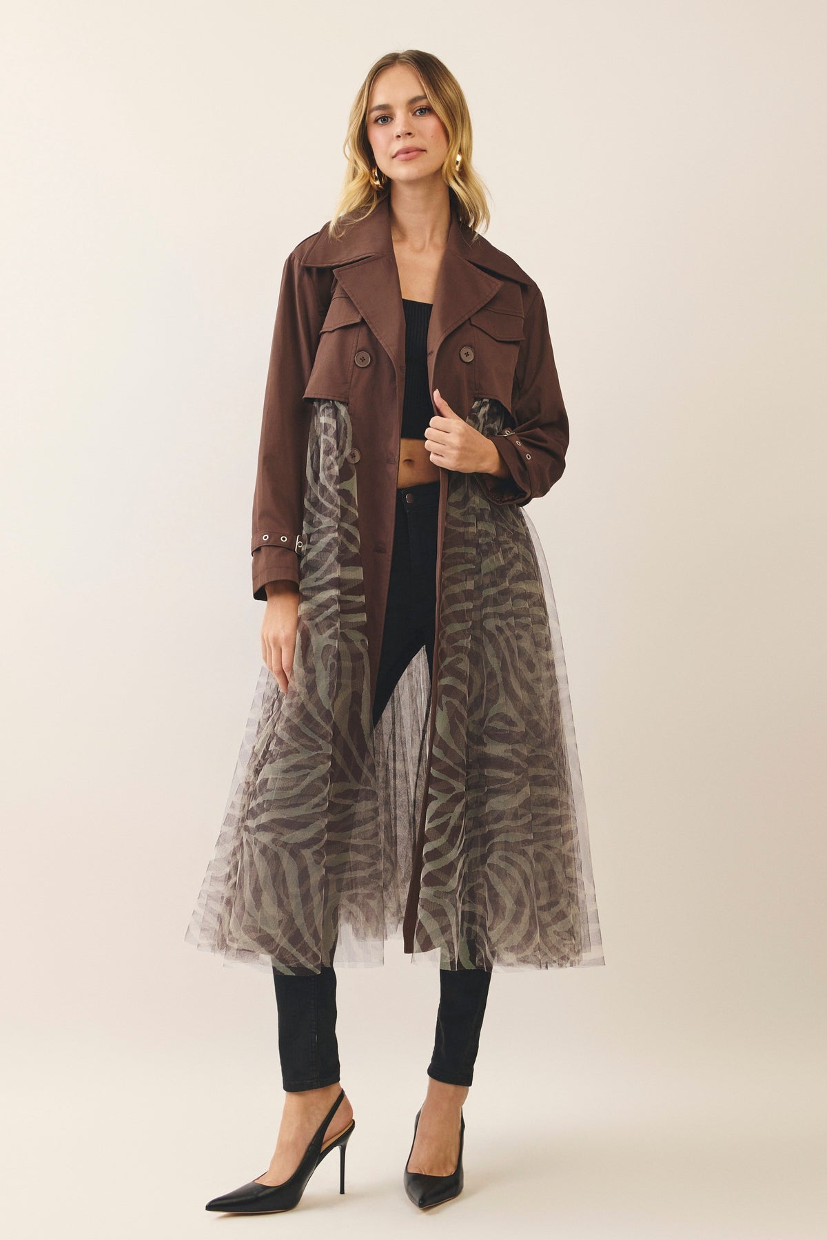 Julie Zebra-Print Tulle Belted Trench Coat