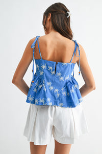 Embroidered Palm-detail Cotton Peplum Top