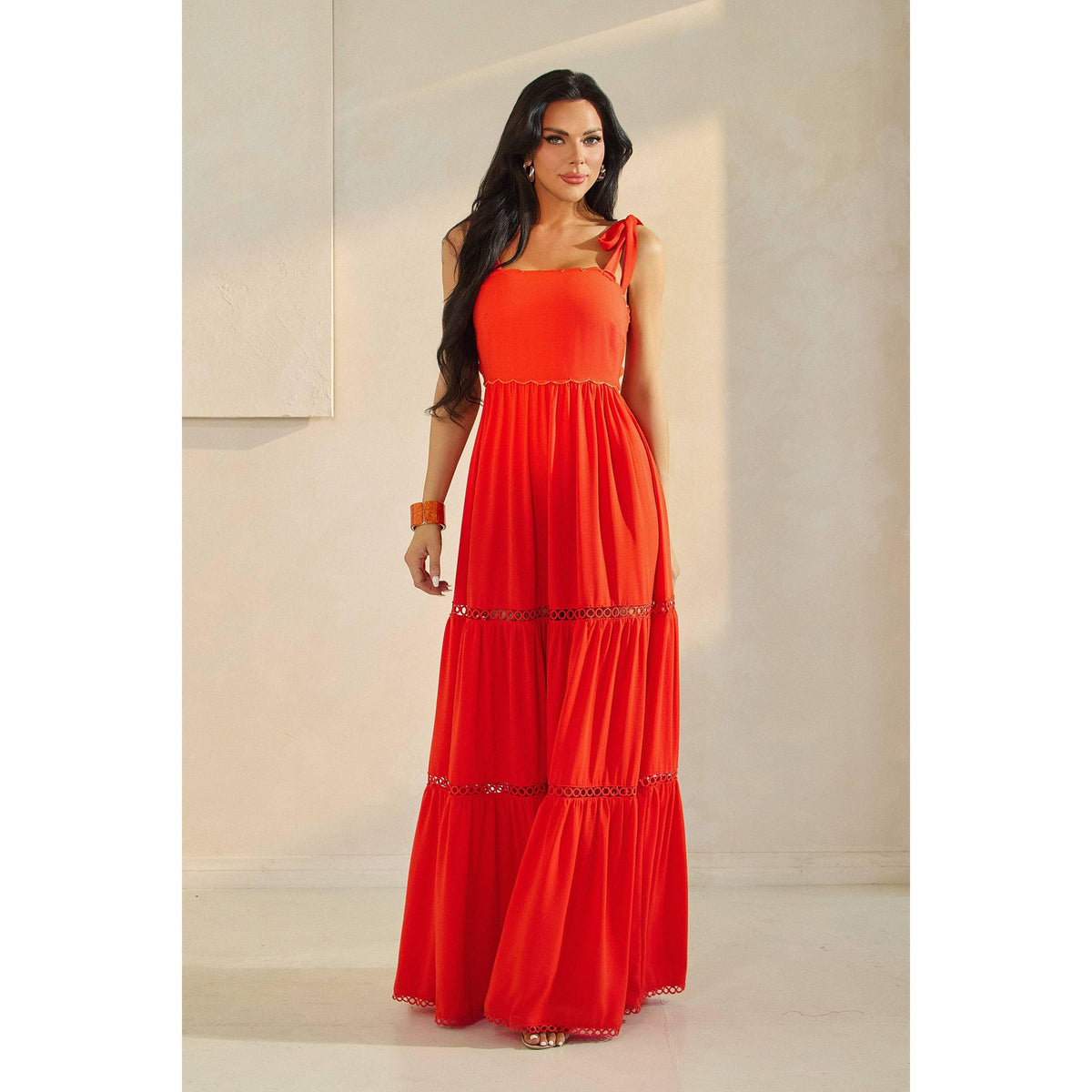 SHOULDER TIE SCALLOP MAXI DRESS