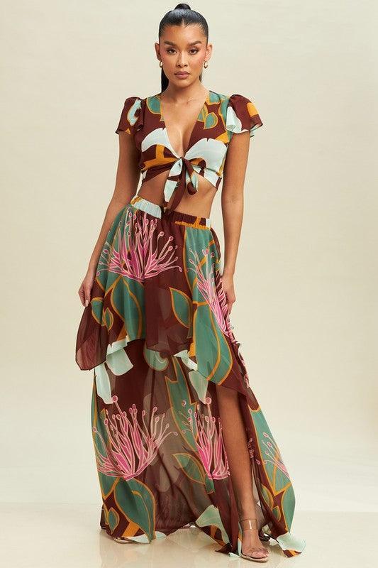 TWO PIECE FLORAL MAXI SKIRT WITH CROP TOP - PRIVILEGE 