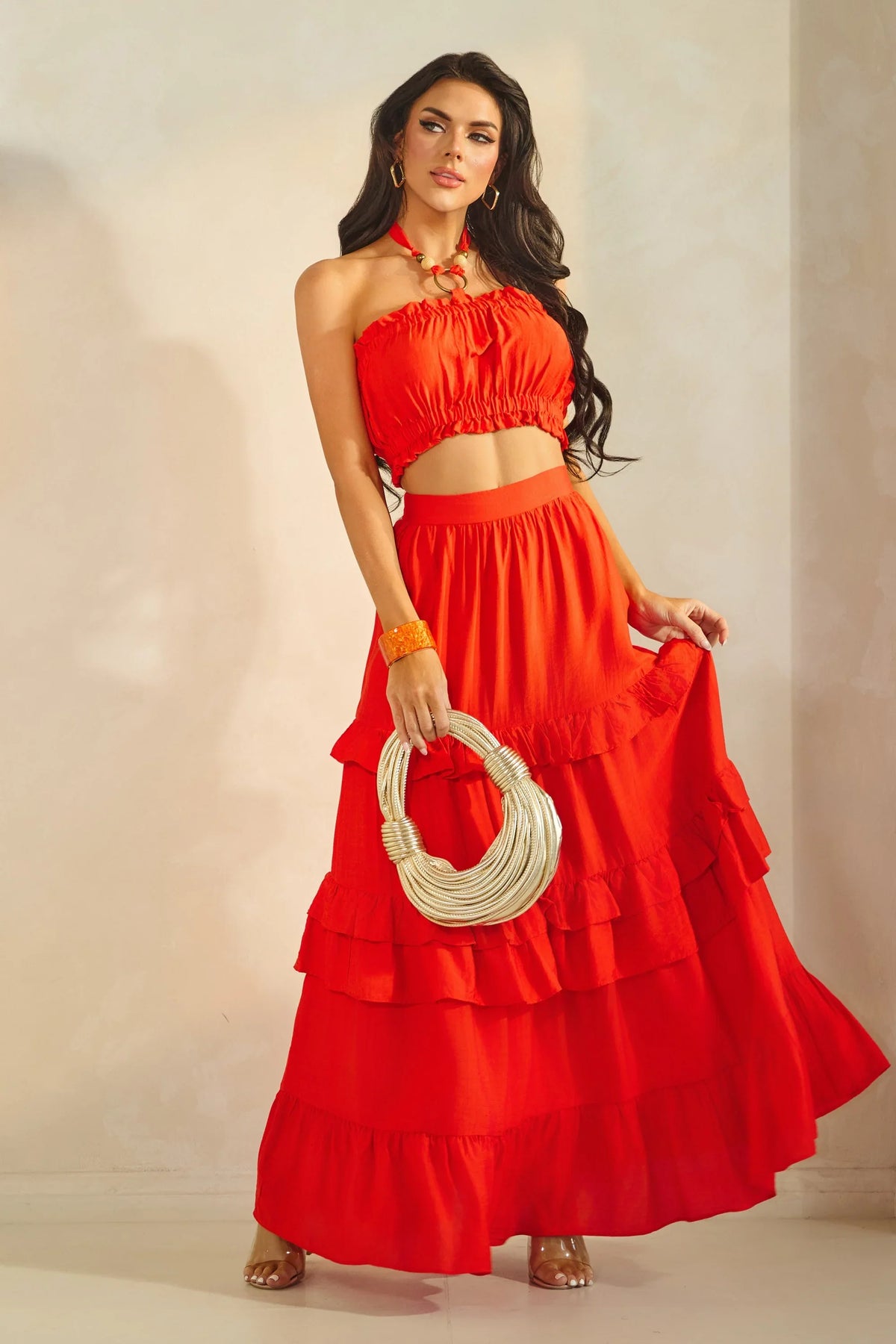 Ring Attached Shirred Tube Top & Tiered Maxi Skirt Set - Tomato Red