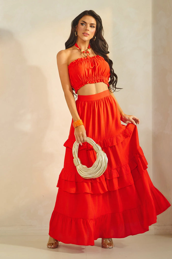 Ring Attached Shirred Tube Top & Tiered Maxi Skirt Set - Tomato Red