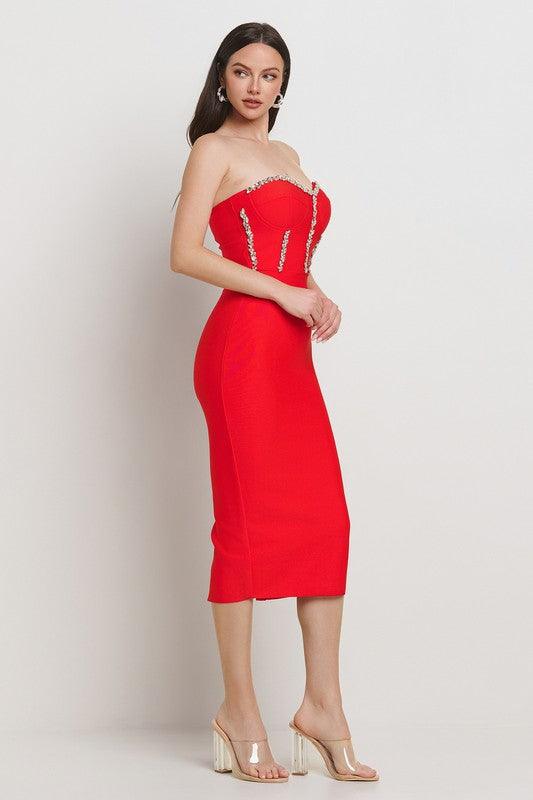 BANDAGE TUBETOP DRESS WITH RHINESTONE DETAILS PRIVILEGE