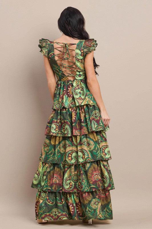 RUFFLE MAXI TIERED DRESS drawstring open back PRIVILEGE