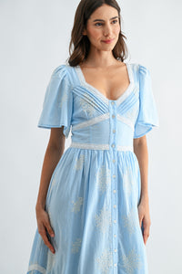 Embroidered Midi Dress With Flutter Sleeves
