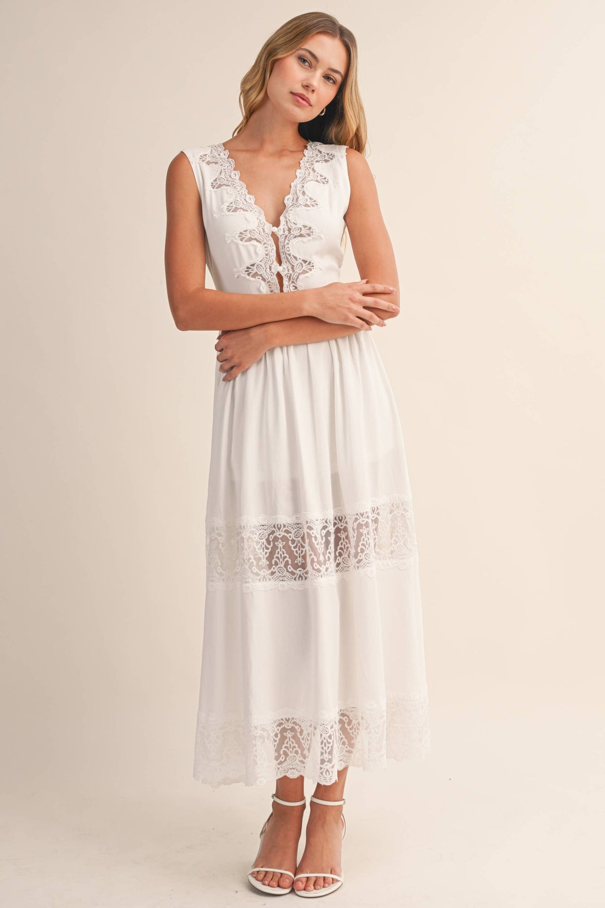LACE PANEL DETAILED SLEEVELESS V NECK MIDI DRESS