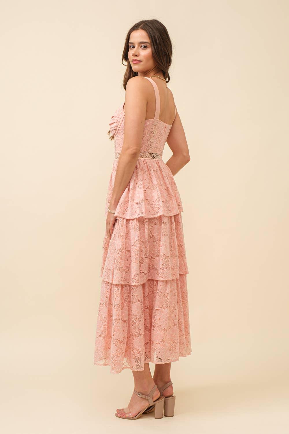 Blush Pink Lace Tiered Midi Dress