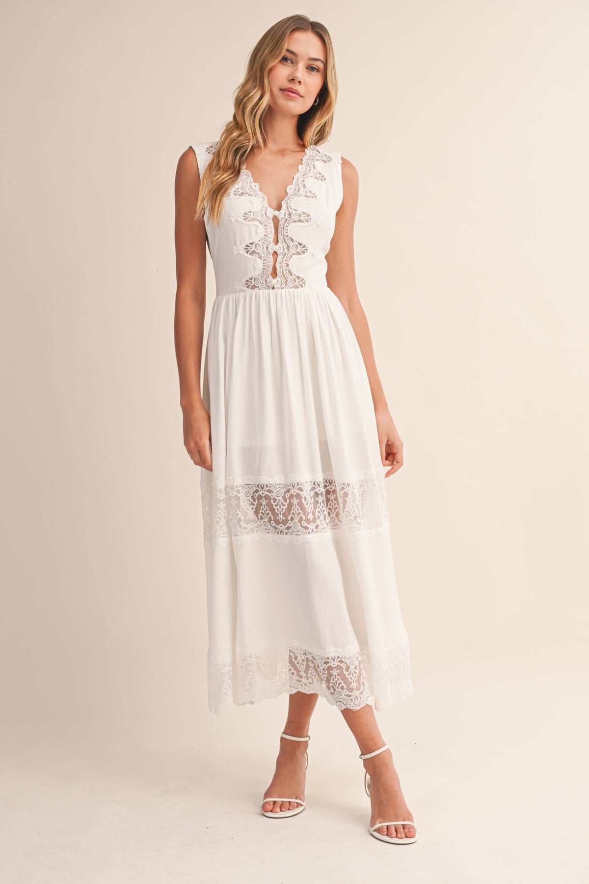 LACE PANEL DETAILED SLEEVELESS V NECK MIDI DRESS
