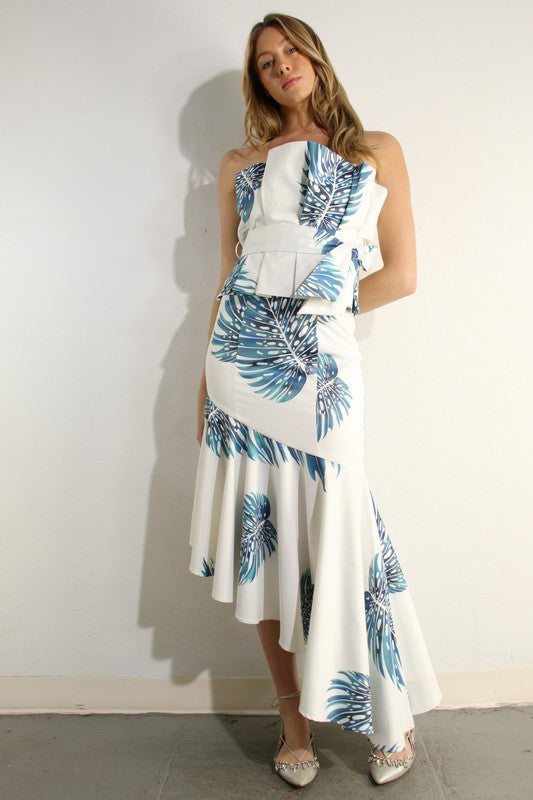 PLEATED BUST DETAIL LONG RUFFLE DRESS