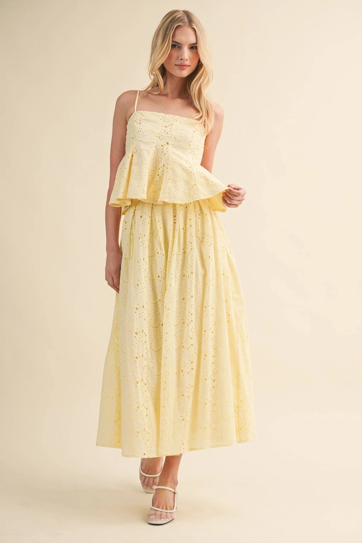 EYELET PEPLUM CAMI AND PLEATED FLARE MIDI SKIRT