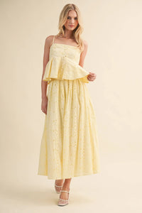 EYELET PEPLUM CAMI AND PLEATED FLARE MIDI SKIRT