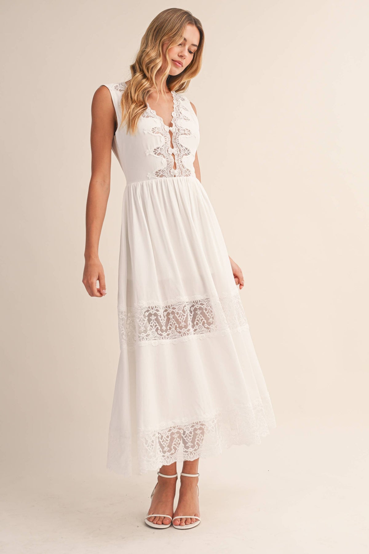 LACE PANEL DETAILED SLEEVELESS V NECK MIDI DRESS
