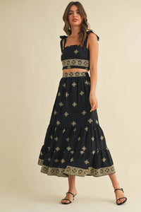 Boho Embroidered Crop Top & Tiered Midi Skirt Set