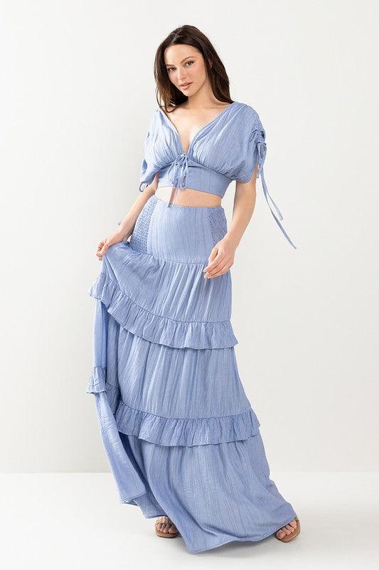 CROPTIO WITH DRAWSTING DETAIL AND MAXI SKIRT SET - PRIVILEGE 