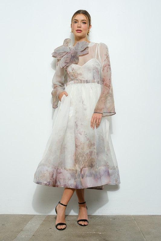 Floral Print Long Sleeve 3D Flower Midi Dress PRIVILEGE