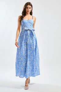 Paisley Embroidered Blue Midi Sundress With Belt