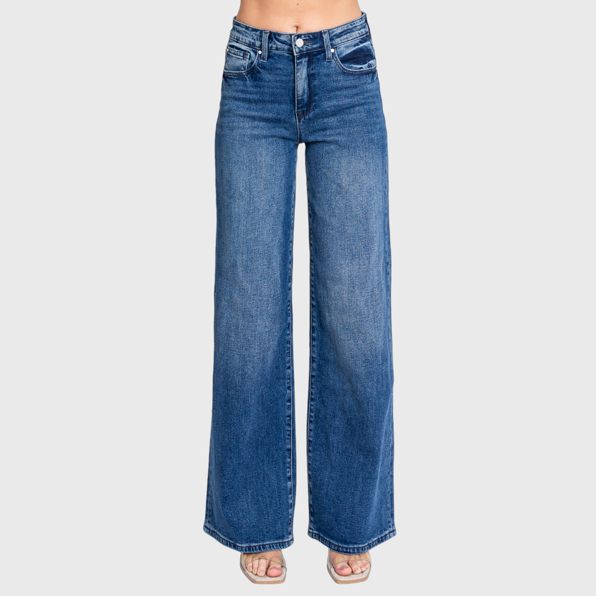 High Rise Comfort Stretch Wide Leg Jeans — Medium Dark Wash