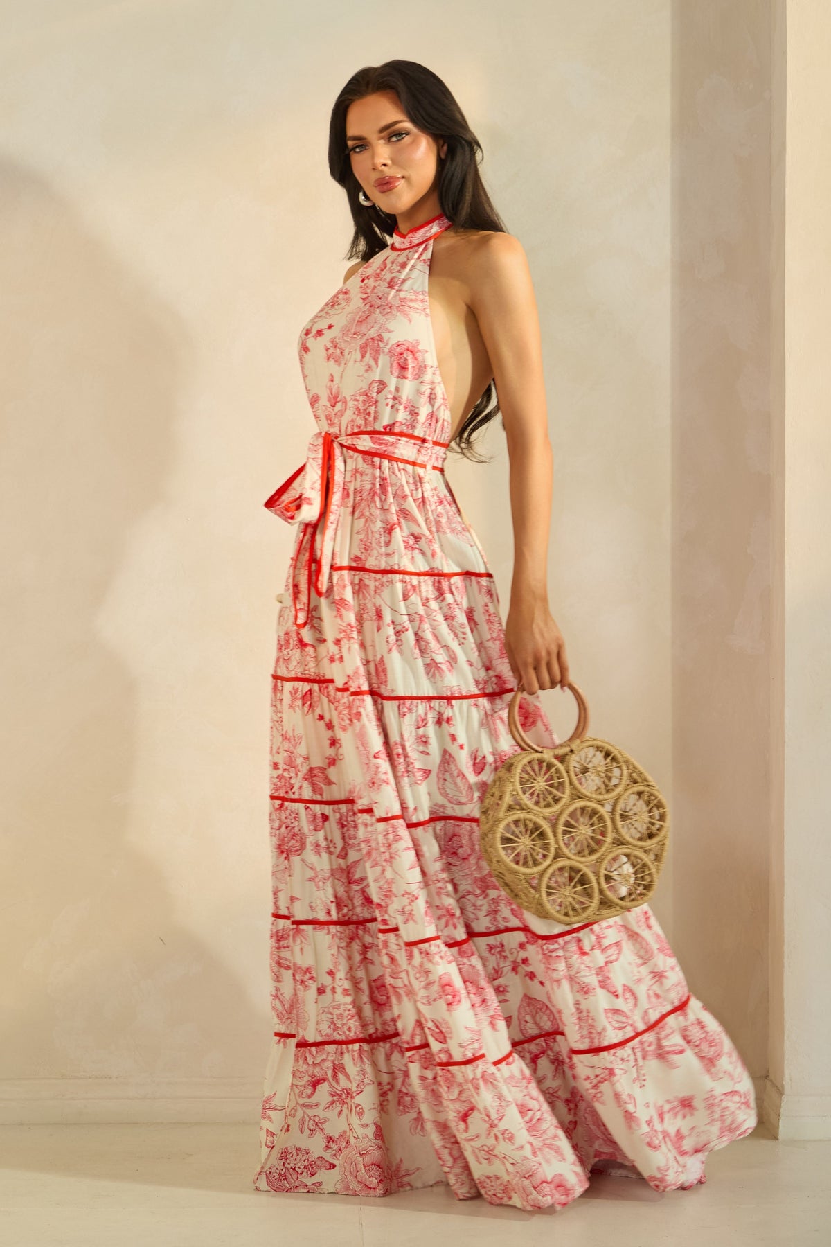 Floral Halter Neck Maxi Tiered Dress
