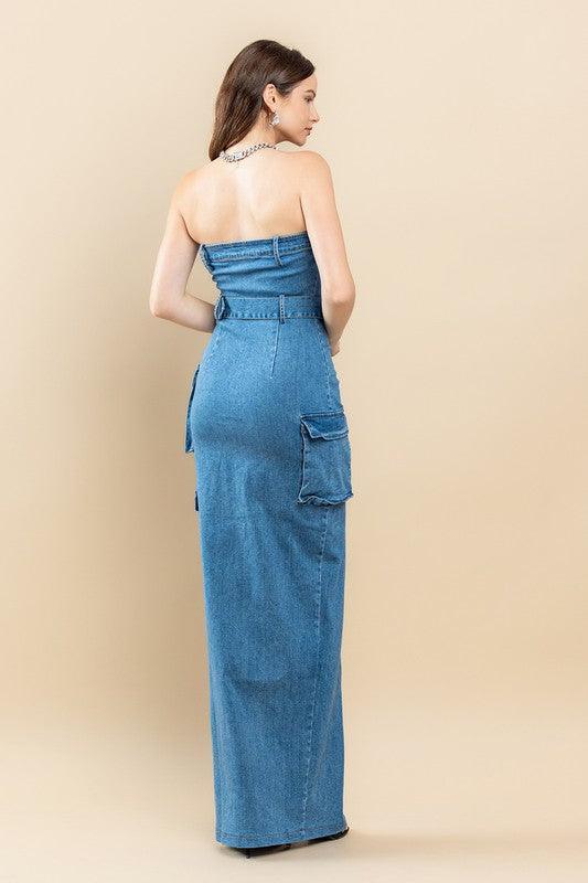 DENIM TUBE FRONT SLIT MAXI DRESS - PRIVILEGE 