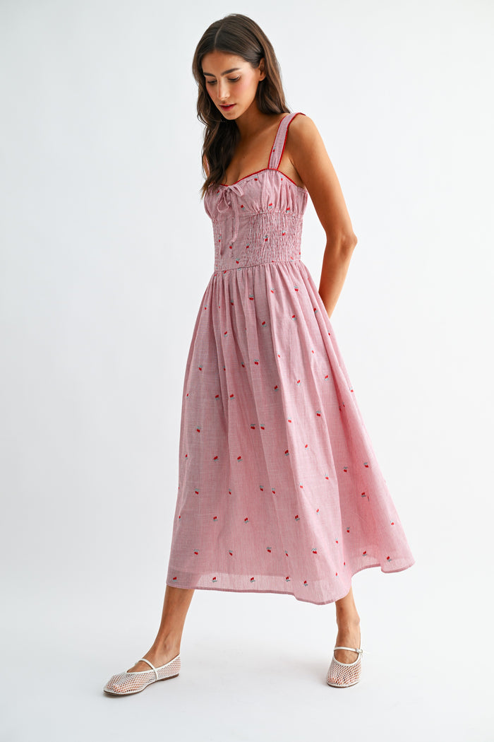 Striped Midi Dress With Flower Embroidered